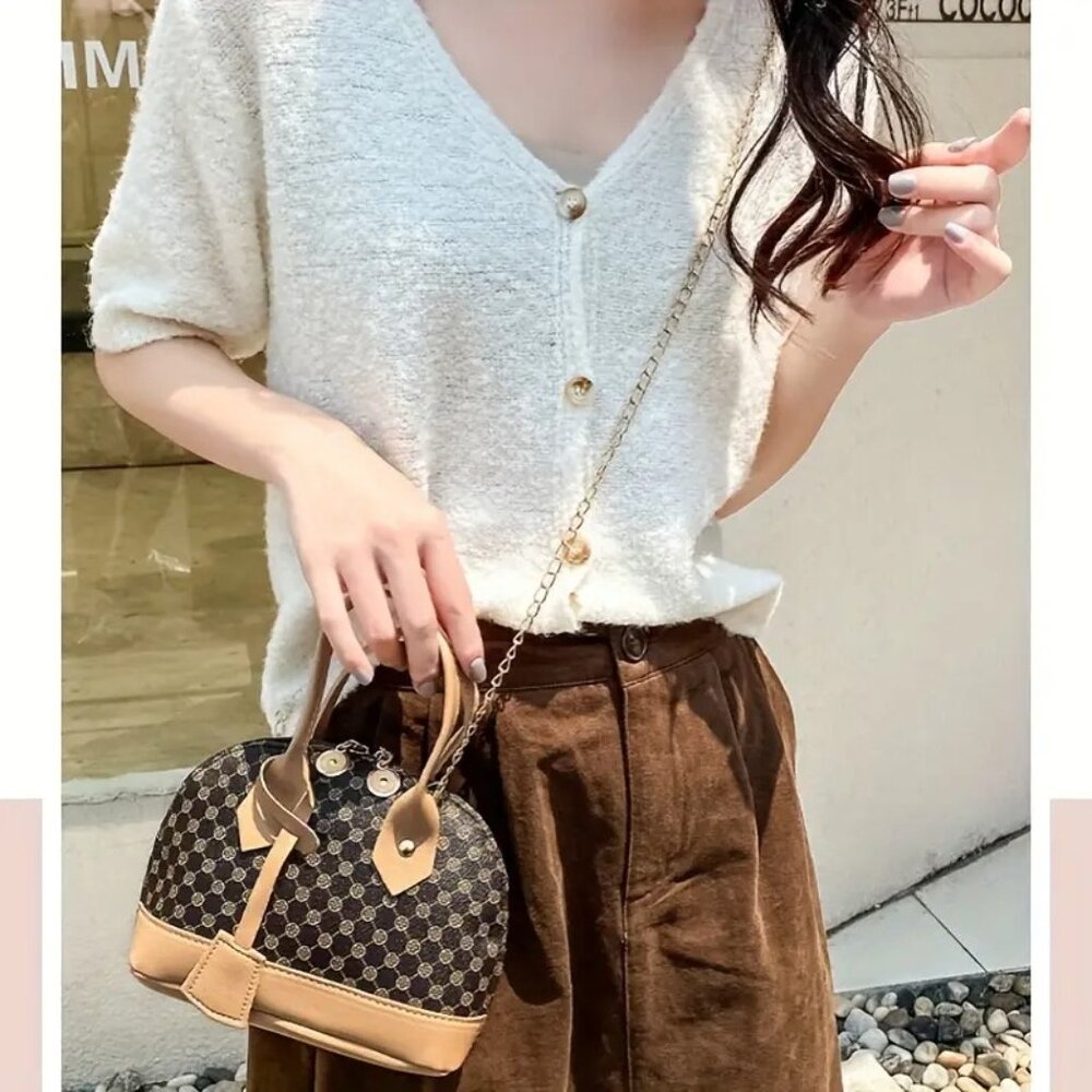 Small Dome Satchel Brown Patterned Bag w/Tone Trim & Gold Crossbody Chain Strap - Picture 5 of 6